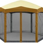 ABCCANOPY 12x12 ft Hexagon Outdoor Screen Camping Tent Instant Setup Canopy Shelter with Netting， Beige/Brown