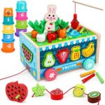 curibble 10-in-1 Wooden Montessori Toys for 1 Year Old Boys and Girls， Carrot Harvest Game， Shapes Sorting &Matching， Wood Preschool Learning Fine Motor Skills Game for 1 2 3 4Years Old Babies