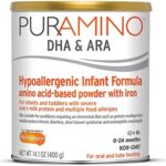 PurAmino Hypoallergenic Infant Drink， for Severe Food Allergies， Omega-3 DHA， Iron， Immune Support， Powder Can， 14.1 Oz