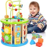 Victostar Activity Cube， 10 in 1 Bead Maze Multipurpose Educational Toy Wood Shape Color Sorter for Boys Girls