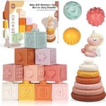 Montessori Toys for Baby Soft Stacking Blocks Rings Balls Sets with Pink Unicorn 3 in 1 Baby Toys Bundle for Babies 6-12 Months Sensory Toys for Toddlers 9-18 Months Infant Teething Toys Learning Toy