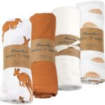 Oliver & Rain Organic Muslin Baby Boy Swaddle Blankets 4 Pack Receiving Blanket， Kangaroo， Sunset Print-Brow