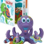 Nuby Floating Purple Octopus with 3 Hoopla Rings Interactive Bath Toy Bath Fun Time Book with Water-Proof Pages and Surprise Squeaker， Early Education， 0 M+