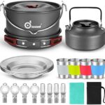 Odoland 22pcs Camping Cookware Mess Kit， Large Size Hanging Pot Pan Kettle with Base Cook Set for 4， Cups Dishes Forks Spoons Kit for Outdoor Camping Hiking Picnic