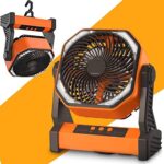 Camping LED Fan with Light， 20000mAh Rechargeable Battery Powered Outdoor Tent Fan with Light and Hook， 4 Speed， Personal USB Desk Fan for Camping， Fishing， Power Outage，Hurricane， Worksite