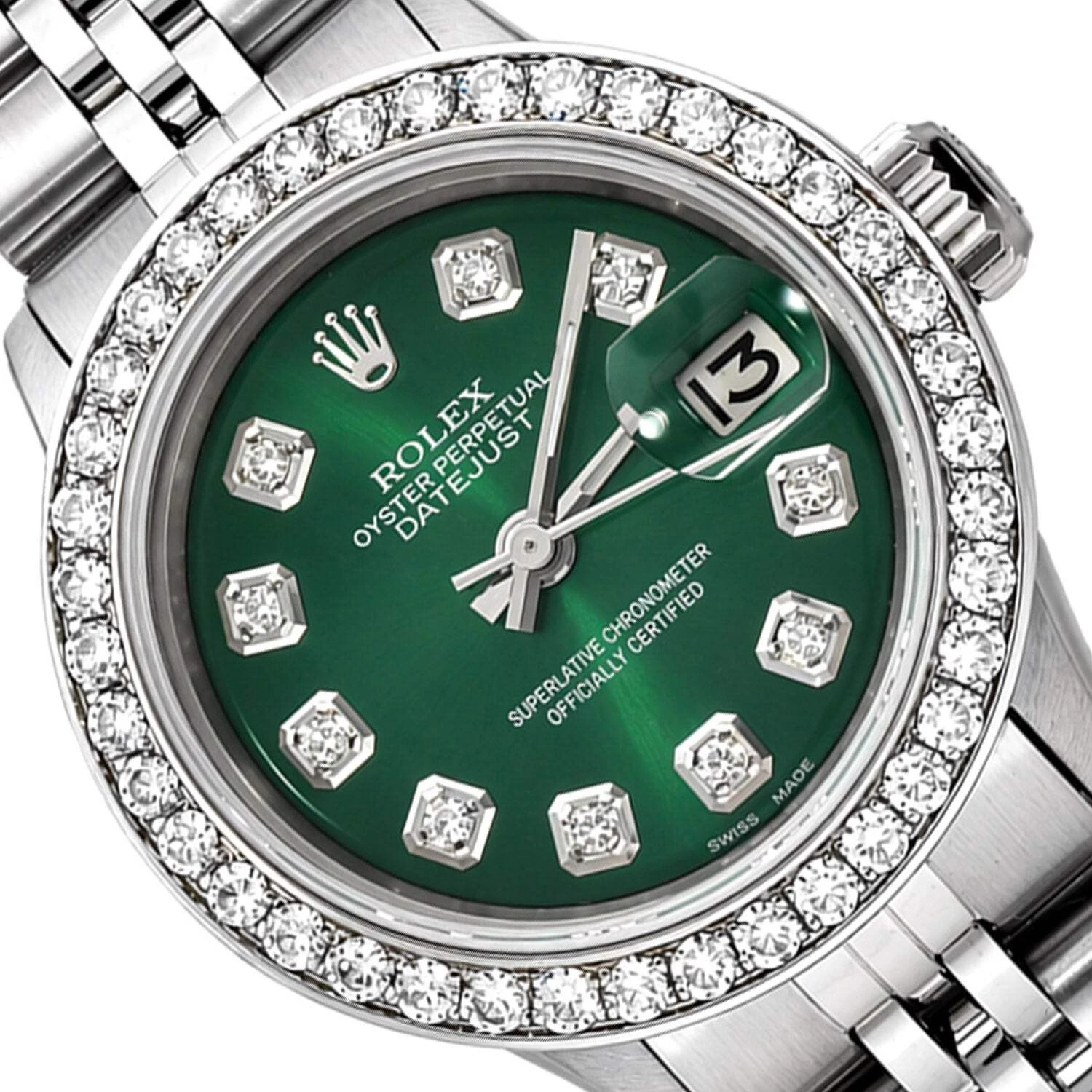 s-l1600-1.webp 26mm Rolex Datejust 1601 18k White Gold Diamond Bezel Green Dial Women's Watch - Image 1
