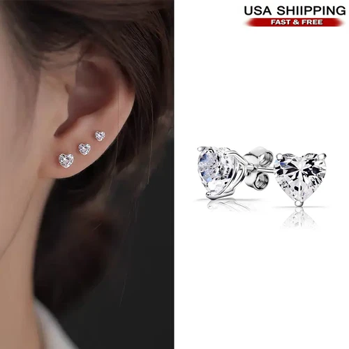 s-l500-169 925 Sterling Silver Heart Shaped Stud Earrings Cubic Zirconia Solid Jewelry New - Image 1