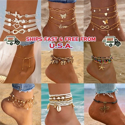 s-l500-233 Heart Anklet Bracelet Foot Chain Beach Summer Jewelry Adjustable Ankle Bracelet - Image 1