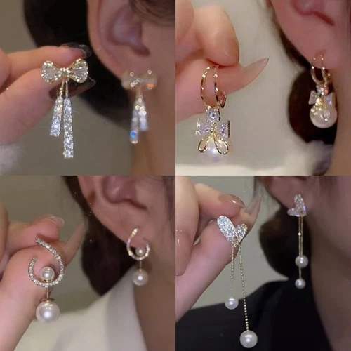 s-l500-293 Fashion Zircon Crystal Pearl Bowknot Tassel Earrings Drop Dangle Women Jewelry - Image 1