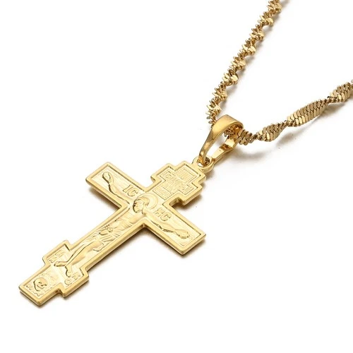 s-l500-303 24K Gold Plated Russian Greek Orthodox Christian Cross Pendant, 19.6 Necklace - Image 1