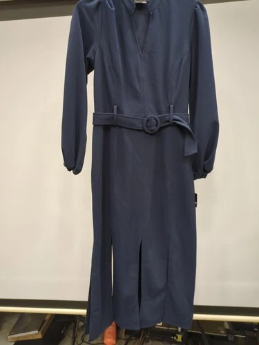 s-l500-325 Maison Tara Women's Long Sleeve V-neck Belted Car Wash Hem Sheath Dress, Navy - Image 1