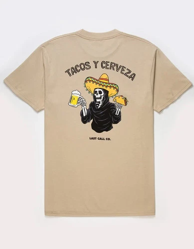 s-l500-334 LAST CALL CO. Mens Tacos Beer Tacos Y Cerveza Funny Reaper Shirt New S-3XL - Image 1
