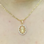 Gold Filled Virgen de Guadalupe Pendant Necklace Mariner Chain Womens Jewelry