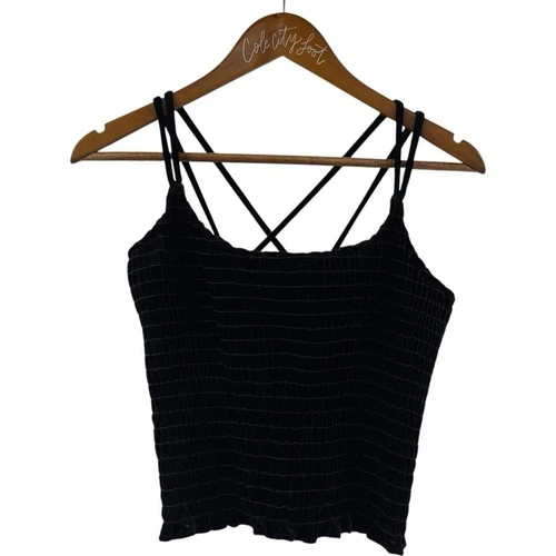 s-l500-440 Black Velvet Tank Top Cross Back Shirred Y2K Crop Stretchy Papas Fashion - Image 1