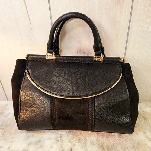 s-l500-441 Lauren Conrad Black Faux Pebble Leather Suede Handbag Satchel Purse Rose Gold - Image 1