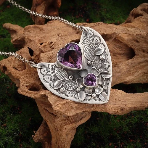 s-l500-455 Silver Heart Purple Amethyst Pendant Necklace Anniversary Jewelry Valentines Day - Image 1