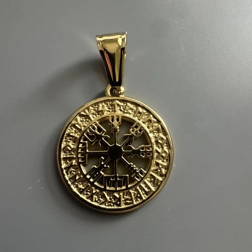 s-l500-62 Viking Vegvisir Elder Futhark Rune Spinner Stainless Steel Pendant 24 Gold - Image 1