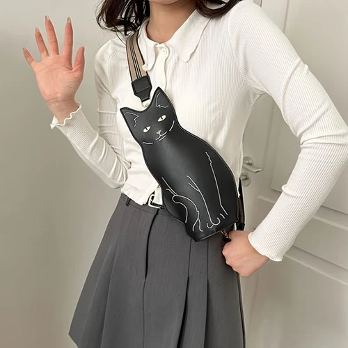 s-l500-70 Black Cat Shaped Crossbody Bag Adjustable Strap, Zipper Closure,Cute Animal De - Image 1
